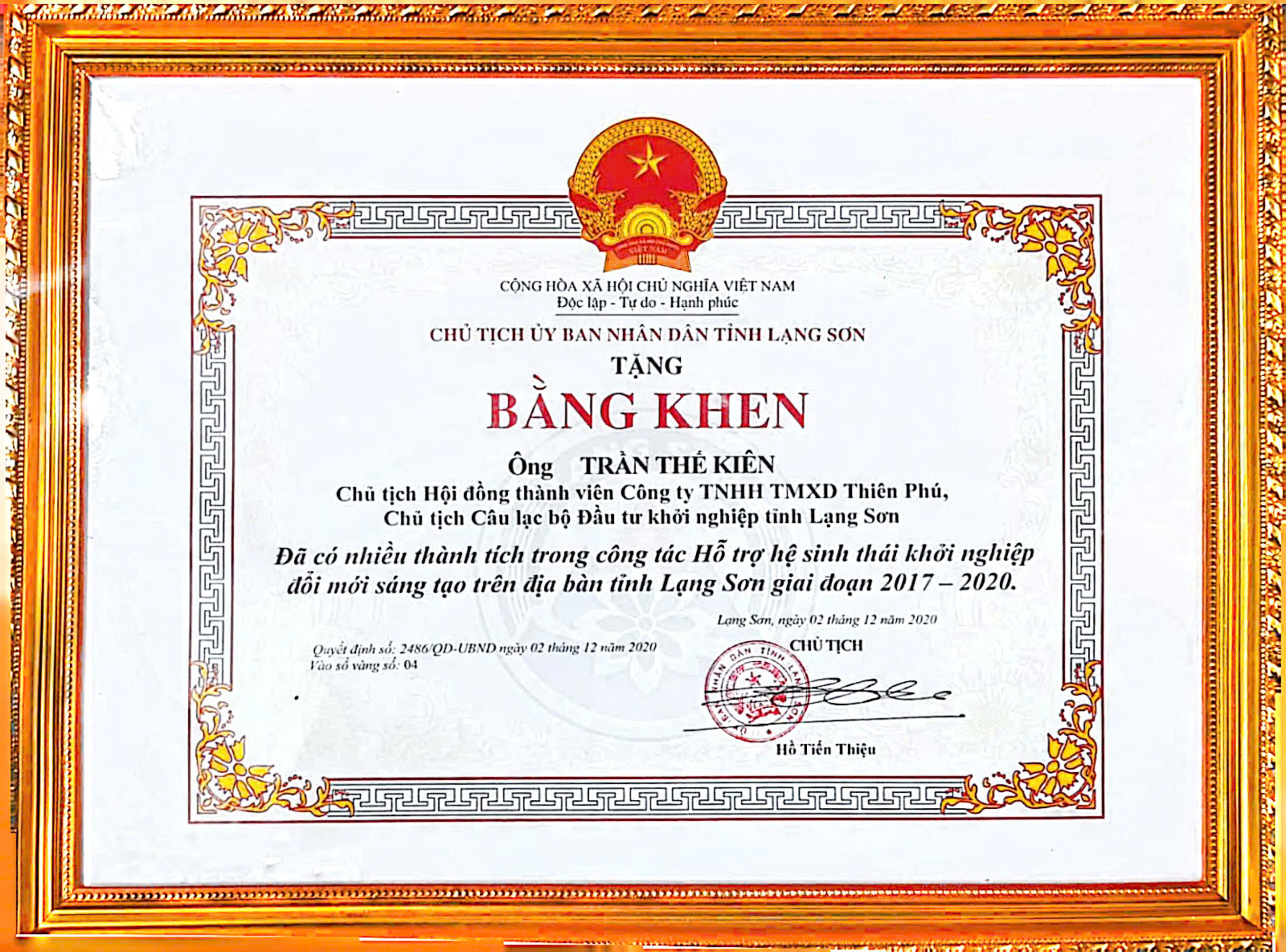 Bằng khen của UBND tỉnh Lạng Sơn